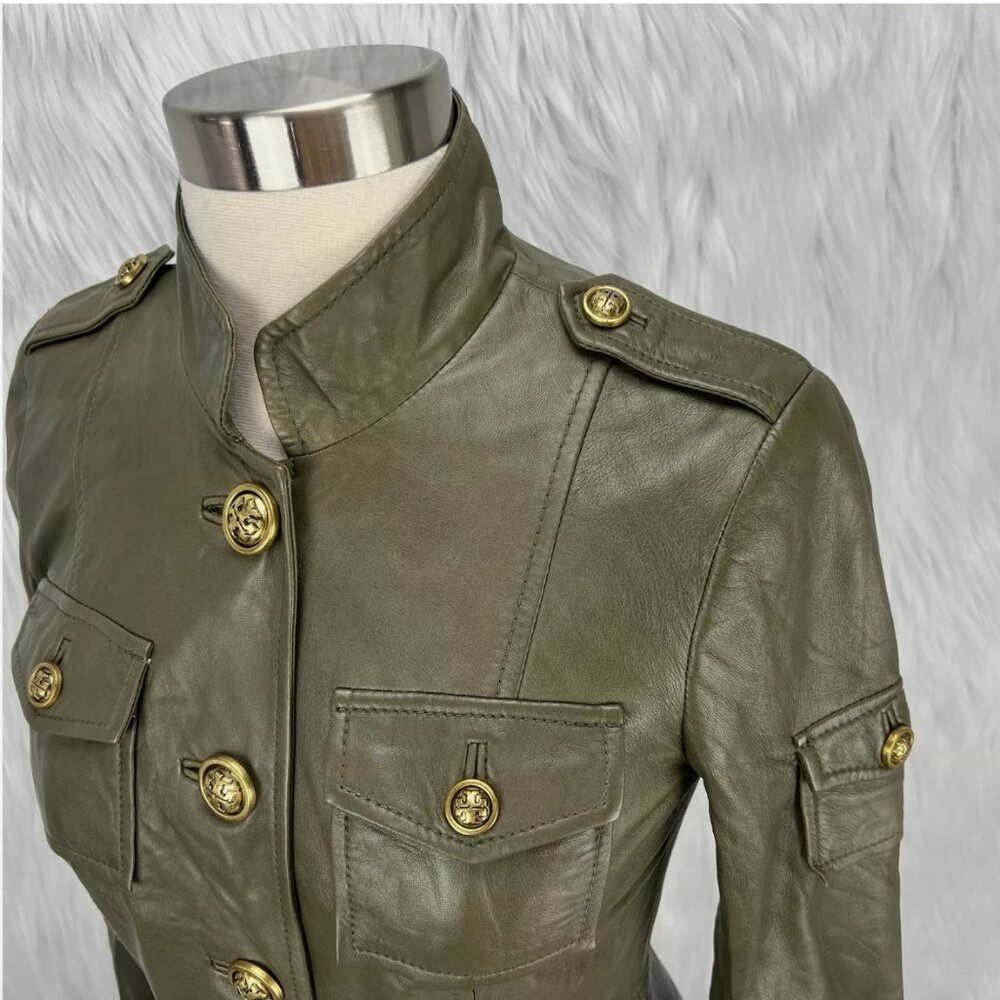 Tory Burch Sergeant Pepper Olive Green BUTTER SOFT Leather Military Jacket - Picture 10 of 16
